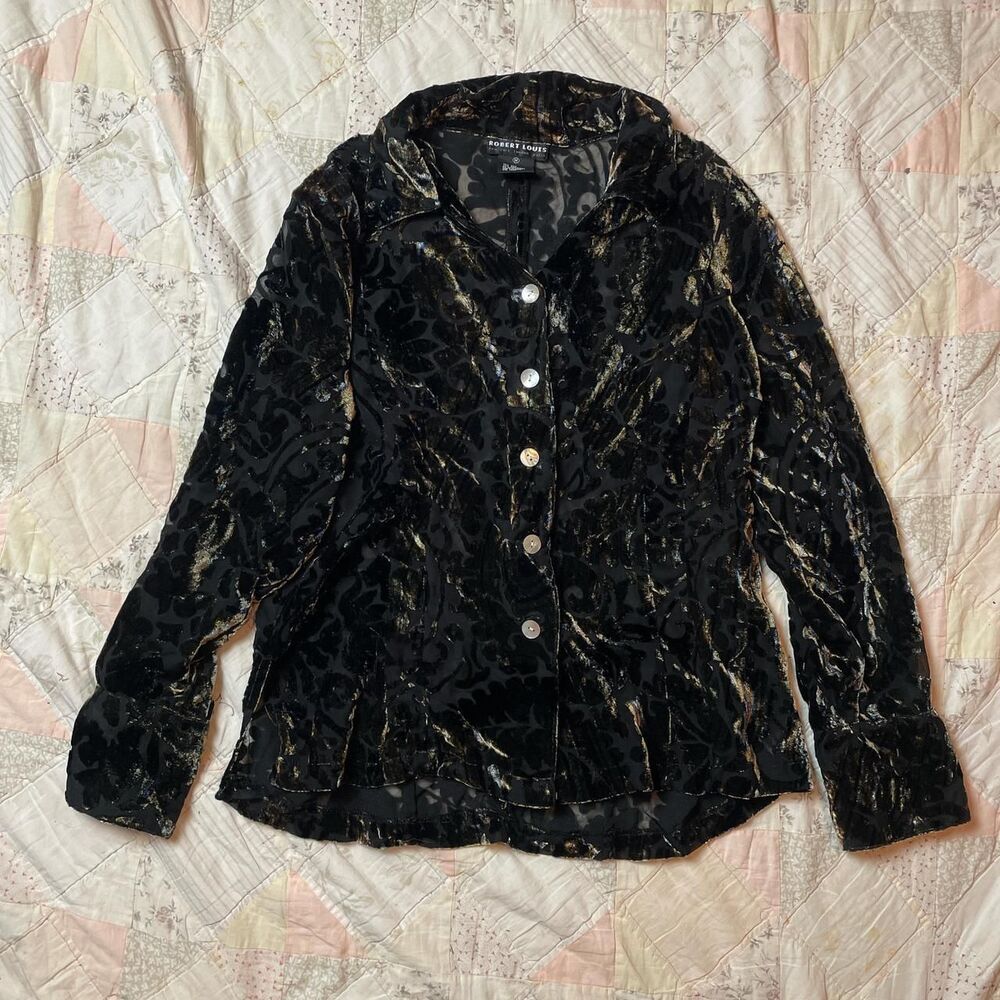 robert louis 90s black blue and tan silk and velvet colorshift button up medium